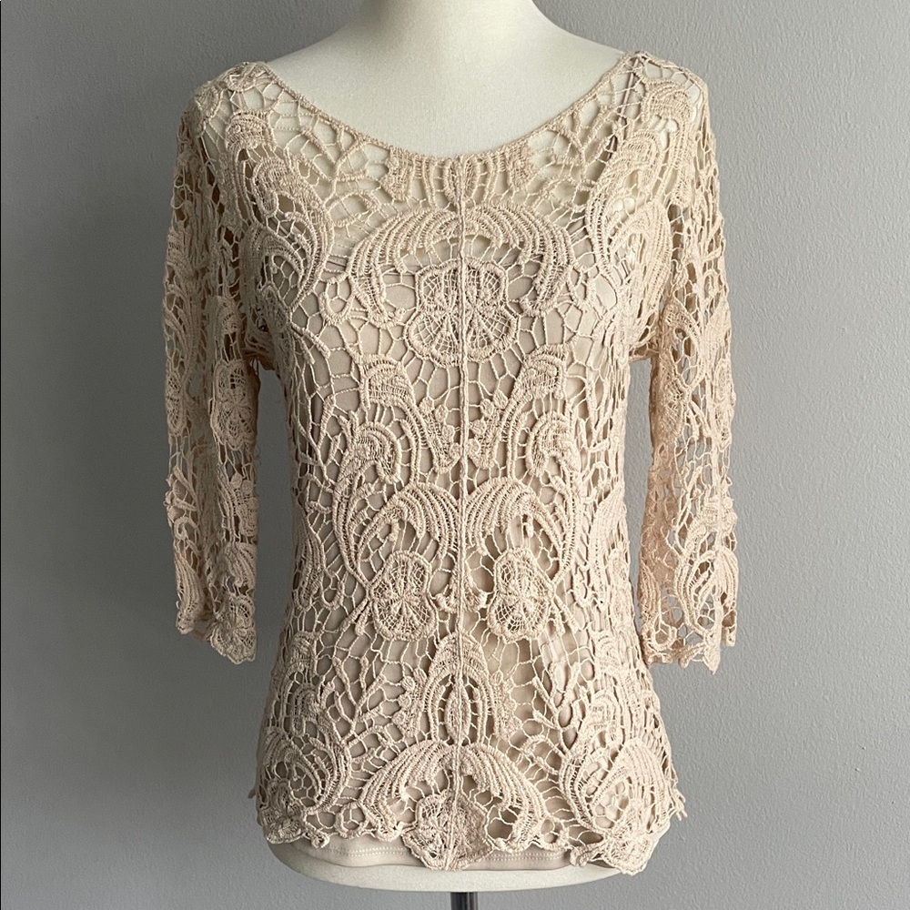 Adiva Beige Crochet Lace Blouse XS Cotton 3/4 sleeve